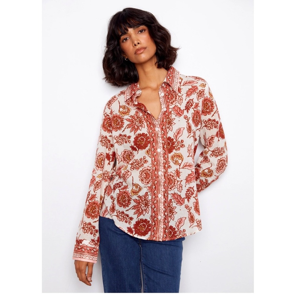 Charlie B Floral Cotton Button Down Shirt XL Terracotta Pink C4705-186C